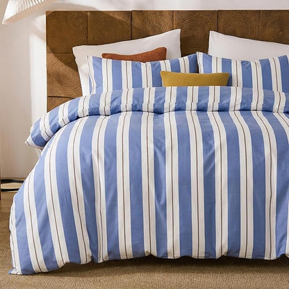 Merryword Blue and White Striped Duvet Cover Set Queen Size 100% Cotton Bedding Set with Modern Coastal Style Soft Breathable Linen Like Bedding Set 3 Pieces