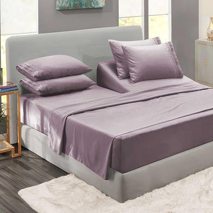 Clara Clark Flex Top King Sheets - Hotel Luxury 6 Piece Bed Sheets for Top Split King Bed - Soft Bedding Sheets & Pillowcases, Head Split King Size. Dusty Purple