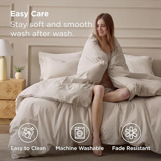 Bedsure 100% Washed Cotton Duvet Cover Full Size - Linen Color Minimalist Bedding Set Linen Like - PureWoven Plain Simple & Soft Comforter Cover for All Seasons (Full, 80"x90")