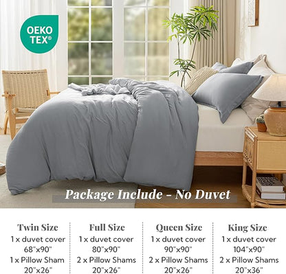 MILDLY Super Soft Duvet Cover - 100% Washed Microfiber Light Grey Comforter Cover Set 3 Pieces with Zipper Closure & Corner Ties (No Comforter)