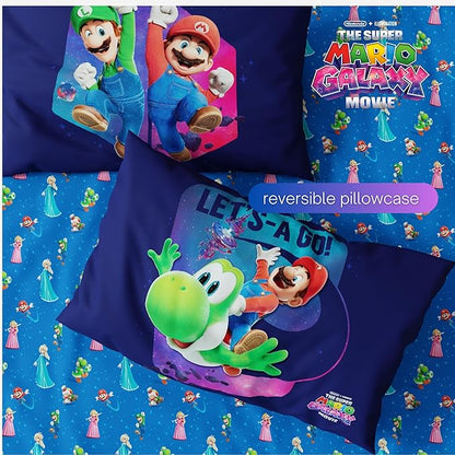 The Super Mario Galaxy Movie Bedding Set, Twin Size 4 Piece Kids Super Soft Cozy Reversible Comforter and Sheet Set, (Officially Licensed Product) By Franco | Durable, Reversible, Officially Licensed