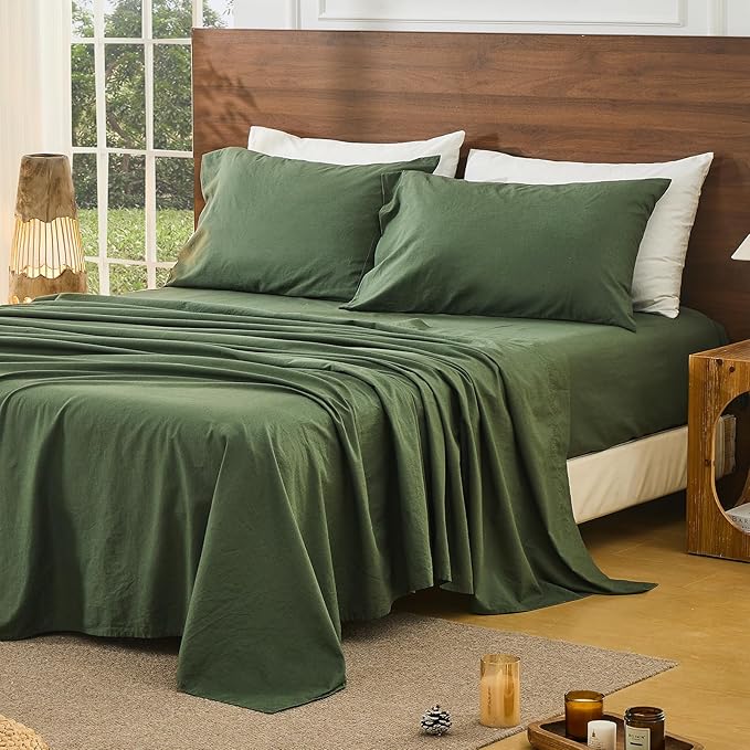Bedlifes 100% French Pure Linen Sheets King Size Breathable and Cooling Flax Sheet Set Soft Durable and Moisture Wicking 16 Inch Deep Pocket-4 Piece(King,Forest Green)