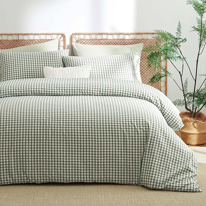 Nayoroom Gingham Duvet Cover King Size 100% Washed Cotton Green Plaid Checkered Comforter Cover 3 Pcs Soft Breathable Grid Farmhouse Dorm Bedding Set for All Seasons