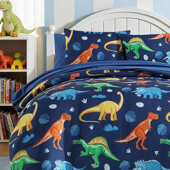 Full Comforter Set for Boys Kids - 7 Pieces Navy Dinasour Full Size Bedding Sets for Kids, Soft Cozy Bed in A Bag with Sheets