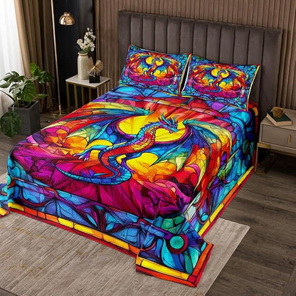 Flying Dragon Kids Bedspread Queen Size,Western Wing Dragon Gothic Halloween Coverlet Set,Boys Girls Room Decor,Geometric Abstract Modern Quilted Coverlet,Rainbow Retro Bedding Quilt,2 Pillowcases
