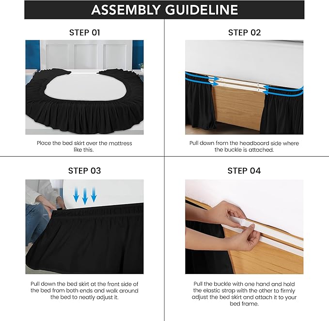 Utopia Bedding Queen Elastic Bed Ruffle - Easy Wrap Around Ruffle - Microfiber Bed Skirt with Adjustable Buckle & Elastic Belt, 16 Inch Tailored Drop - Hotel Quality Bedskirt, Fade Resistant (Black)