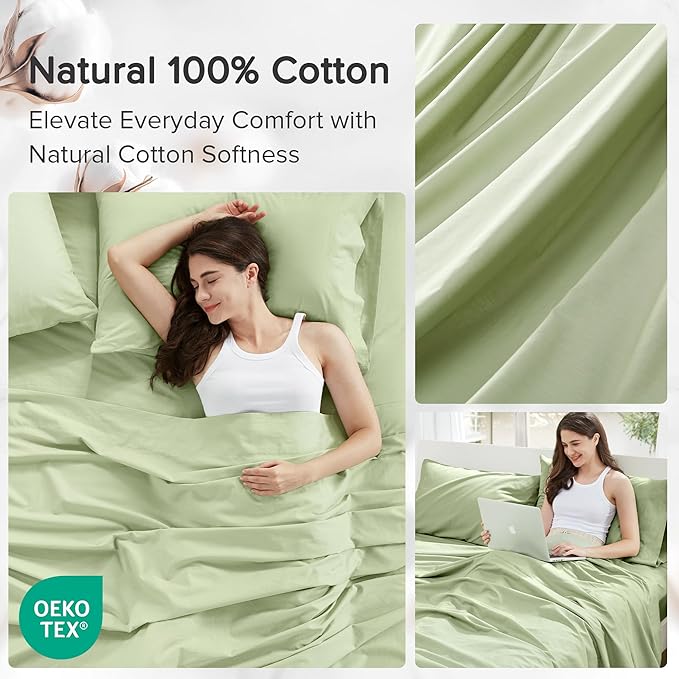 Comfort Spaces 100% Cotton Sheets Queen, Breathable & Soft Cotton Sheets, Naturally Cool Cotton Bed Sheets with 14" Elastic Pocket Fits up to 16" Mattress, All Seasons Sheet Set, Sage Green 4 Piece