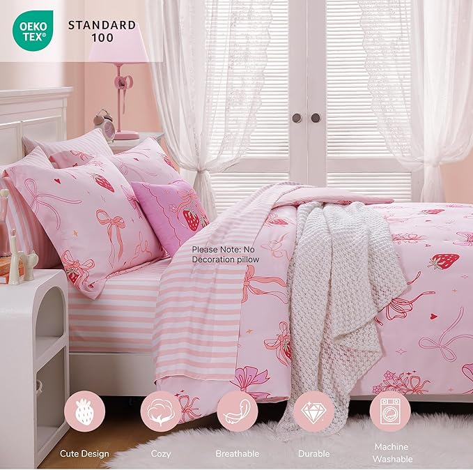 Full Size Comforter Set for Girls-7 Pieces Pink Bow Full Bedding Sets for Kids, Ultra Soft Bed in A Bag with Sheets