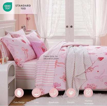 Full Size Comforter Set for Girls-7 Pieces Pink Bow Full Bedding Sets for Kids, Ultra Soft Bed in A Bag with Sheets