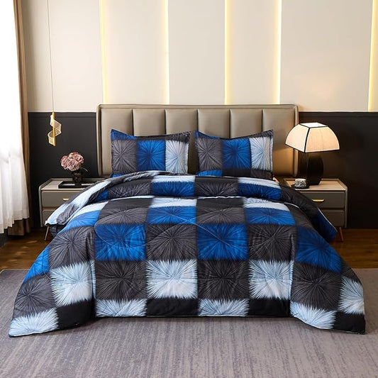 Caressma Black and White Checkered Comforter Set Queen Size(90x90 Inch), Navy Blue and White Plaid 3 Pieces Comforter Bedding Set, Microfiber Black Grid Home Decor