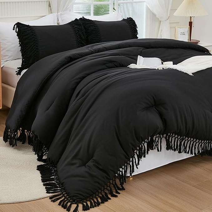 Andency Black Comforter Set King, 3 Pieces Boho Tassel Lightweight Soft Bedding Comforter Sets for King Bed, All Season Fluffy Fringe Bed Set (104x90In Comforter & 2 Pillowcases)