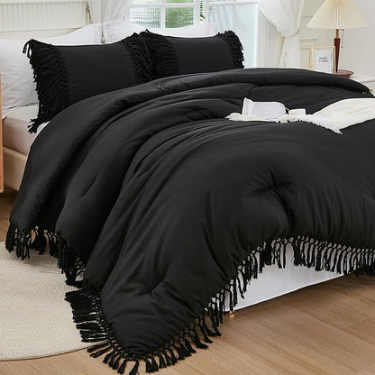 Andency Black Full Size Comforter Set, 3 Pieces Boho Tassel Lightweight Soft Bedding Comforter Sets, All Season Fluffy Fringe Bed Set (79x90In Comforter & 2 Pillowcases)