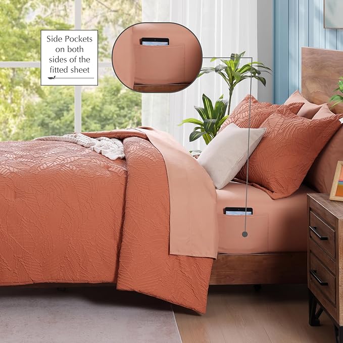 Geniospin Full Size Comforter Set - 7 Pieces Burnt Orange Bedding Set, Botanical Textured Comforter Set, All Season Lightweight Bed in a Bag with Comforter, Sheets, Pillowcases & Shams