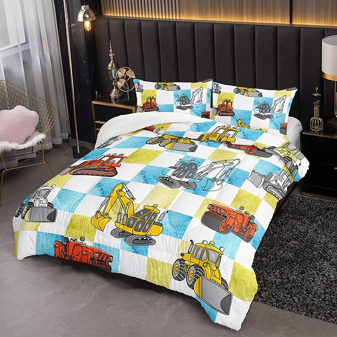 Boy's Construction Truck Comforter Set King,Orange,and Yellow Truck 3 Pieces Bedding Set for Kids Boys Teens,Blue and Yellow Plaid Microfiber Lightweight Quilt Bedroom Decor with 2 Pillow Cases