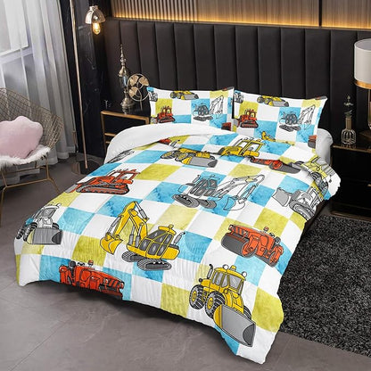 Boy's Construction Truck Comforter Set King,Orange,and Yellow Truck 3 Pieces Bedding Set for Kids Boys Teens,Blue and Yellow Plaid Microfiber Lightweight Quilt Bedroom Decor with 2 Pillow Cases
