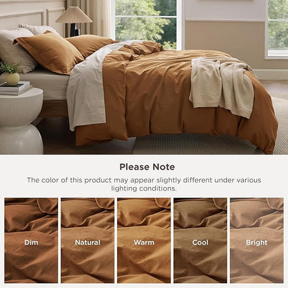 Bedsure 100% Washed Cotton Duvet Cover King Size - Hazelnut Brown Minimalist Bedding Set Linen Like - PureWoven Plain Simple & Soft Comforter Cover for All Seasons (Hazelnut Brown, King, 104"x90")