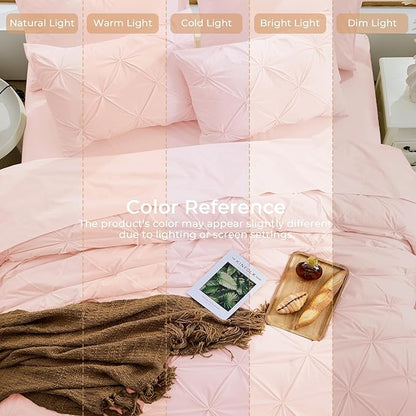 Sasttie Queen Comforter Set, 7-Piece Bed in a Bag, Pintuck Bedding Sets for All Season, Includes Comforter, Flat Sheet, Fitted Sheet, Pillowcases and Pillowshams, Blush Pink