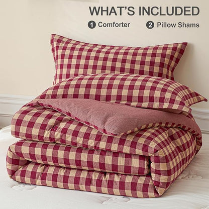 Cyusri Cotton Plaid Queen Comforter Set - Soft Lightweight Bedding 3 Pieces Dyed Bed Set with 2 Pillow Shams,Reversible All Season Farmhouse Down Alternative(Queen Size 90"x90" Retro Red)