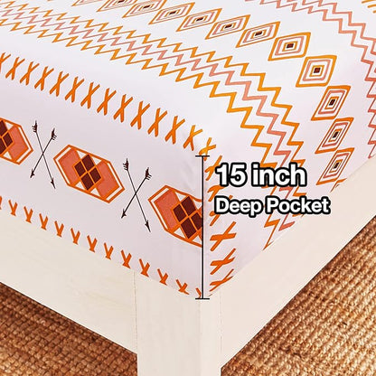 JSD Orange Boho Sheet Set Twin Size, Soft Geometric Printed Microfiber Sheets Extra Deep Pocket Wrinkle Free