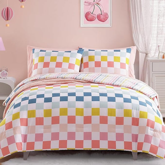 Full Size Comforter Set for Girls-7 Pieces Colorful Check Full Bedding Sets for Kids, Ultra Soft Bed in A Bag with Sheets