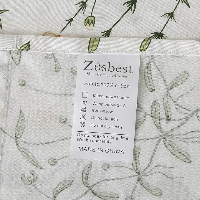 Zusbest 100% Cotton Floral Pillow Cases Standard Size Set of 2, 19''×29'', Reversible Botanical Green Pillowcases, Flower Printed Vintage Pillow Covers Soft Envelope Queen Pillowcase Protectors