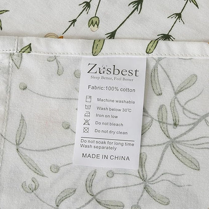 Zusbest 100% Cotton Floral Pillow Cases Standard Size Set of 2, 19''×29'', Reversible Botanical Green Pillowcases, Flower Printed Vintage Pillow Covers Soft Envelope Queen Pillowcase Protectors