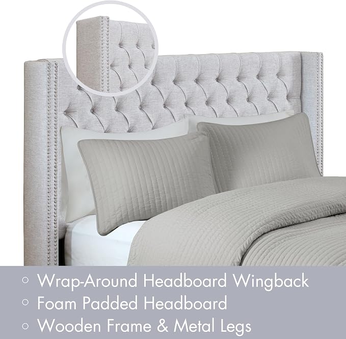 Madison Park Queen Wingback Upholstered Tufted Headboard, Featuring High-Density Sponge Padding, Adjustable Height Headboard, Easy Assembly, Gray