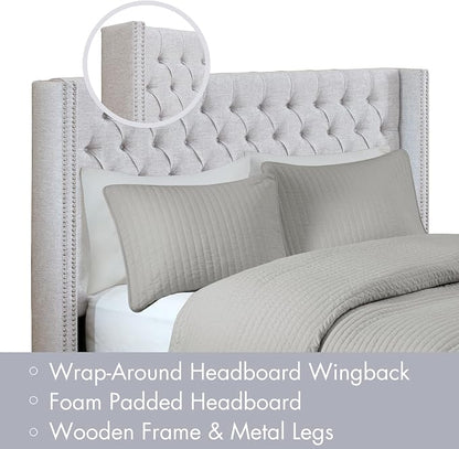 Madison Park Queen Wingback Upholstered Tufted Headboard, Featuring High-Density Sponge Padding, Adjustable Height Headboard, Easy Assembly, Gray