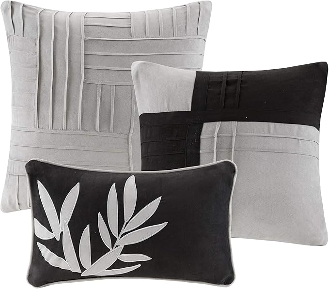 Madison Park Cozy Comforter Set Casual Blocks Design All Season, Matching Bed Skirt, Decorative Pillows, King(104"x92"), Dune Suede, Black Grey, 7 Piece