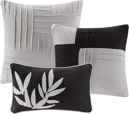 Madison Park Cozy Comforter Set Casual Blocks Design All Season, Matching Bed Skirt, Decorative Pillows, Cal King(104"x92"), Dune Suede, Black Grey, 7 Piece