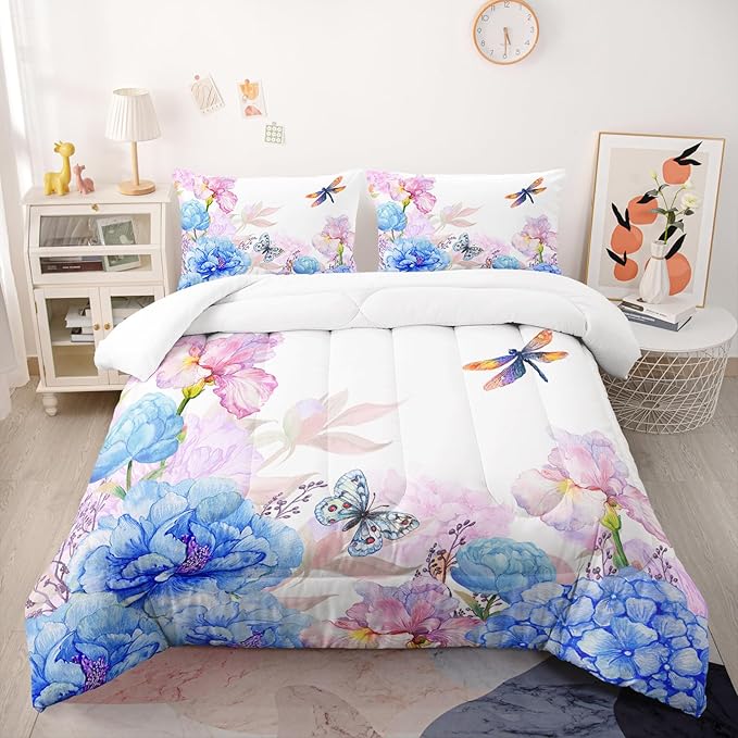 Blue and Pink Flower Comforter Set Queen Dragonfly Butterfly Bedding Sets 3PCS for Kids Teen Adult Floral Room Decor Ultra-Soft Lightweight Microfiber 1 Comforter with 2 Pillowcases