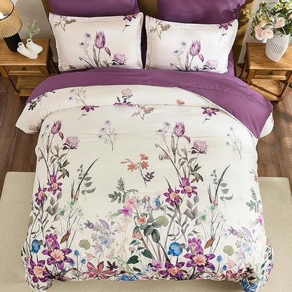 WONGS BEDDING King Comforter Set 7 Piece, Purple Floral Bed in a Bag Bedding Set with Botanical Flowers Patterns, Soft Lightweight Complete Comforters with Sheets for All Season