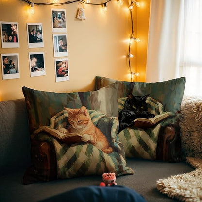 Funny Cat Reader Book Throw Pillow Cover 18 x 18 Set of 2, Gifts for Book Lovers, Reading Nook Corner Decor, Preppy Floral Black Orange Tabby Tuxedo Cats Bookish Pillowcase（04）