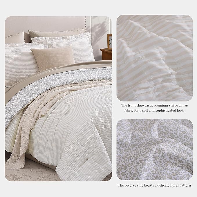 Queen Comforter Set - 7 Pieces Beige Gauze Muslin Bedding Sets for All Seasons, Lightweight Breathable Bed in a Bag Queen with Revesible Farmhouse Comforter, Sheets, Pillowcases & Shams