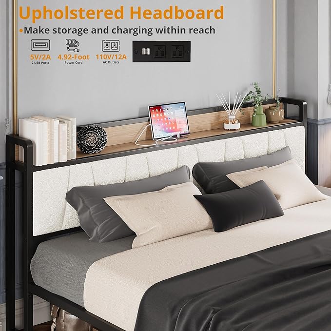 LIKIMIO California King Size Bed Frame, Storage Headboard with Charging Station, Platform Bed with Drawers, No Box Spring Needed, Easy Assembly, Wood and Cream