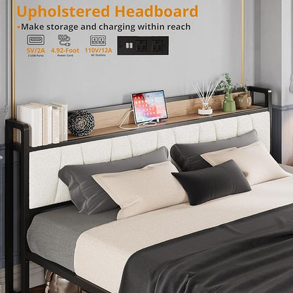 LIKIMIO California King Size Bed Frame, Storage Headboard with Charging Station, Platform Bed with Drawers, No Box Spring Needed, Easy Assembly, Wood and Cream