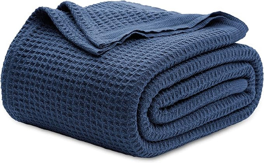 Bedsure Gentlesoft 100% Cotton Blanket Queen Size for Bed - Cooling Breathable and Soft for Spring Summer, Thick Cozy Waffle Weave Blanket Gifts for Women, Navy, 90x90 Inches