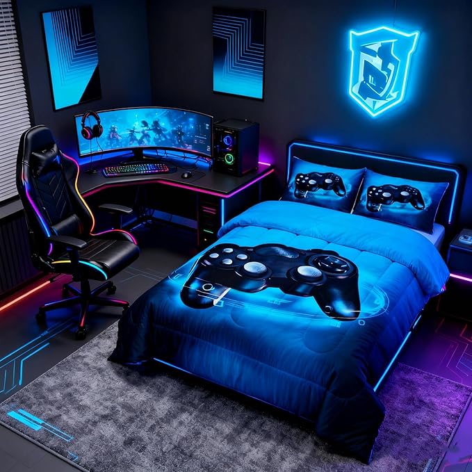 Feelyou Gaming Bedding Set for Boys Gamer Comforter Set for Teens Kids Gamer Room Decor Blue Video Games Comforter Duvet Set King Size Gamepad Quilted All Season 1 Comforter with 2 Pillow Cases