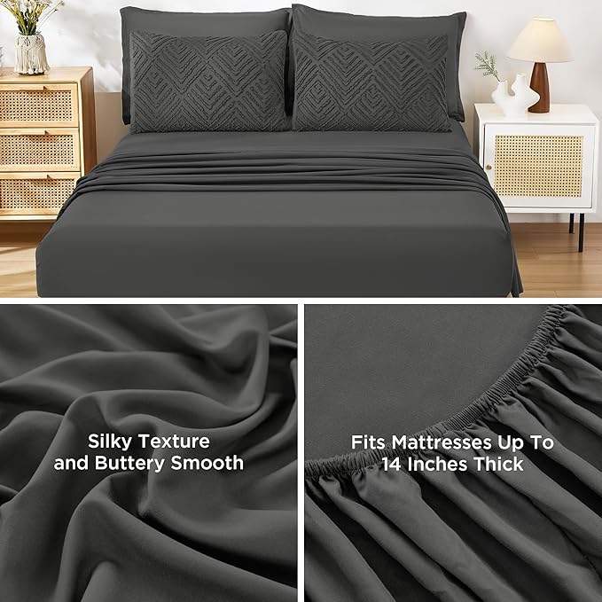 Andency Oversized King Size Comforter Set 7 Pieces Dark Grey - Bed in a Bag Oversized King Boho Lightweight Fluffy Tufted Bedding Sets with Comforter, Sheets, Pillowcases & Shams