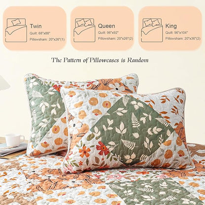 Whale Flotilla Patchwork Quilt Twin Size, Extra Soft Boho Floral Bedspreads for Bed Reversible Lightweight Twin Quilt Bedding Set Printed Coverlets with 1 Pillow Sham for All Seasons, Orange