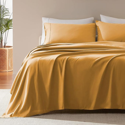 SLEEP ZONE Nanotex Super Soft Cooling Full Size Bed Sheets Set 4 Piece - Easy Care Fitted Flat Sheet & Pillowcase Sets - Wrinkle Free, Fade Resistant, Deep Pocket 16" (Dull Yellow, Full)