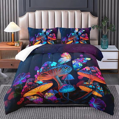 Mushroom Bedding - King Bed Comforter Set, Black & Cute Boho Mushroom Bedroom Decor