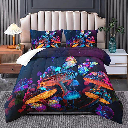 Mushroom Bedding - King Bed Comforter Set, Black & Cute Boho Mushroom Bedroom Decor