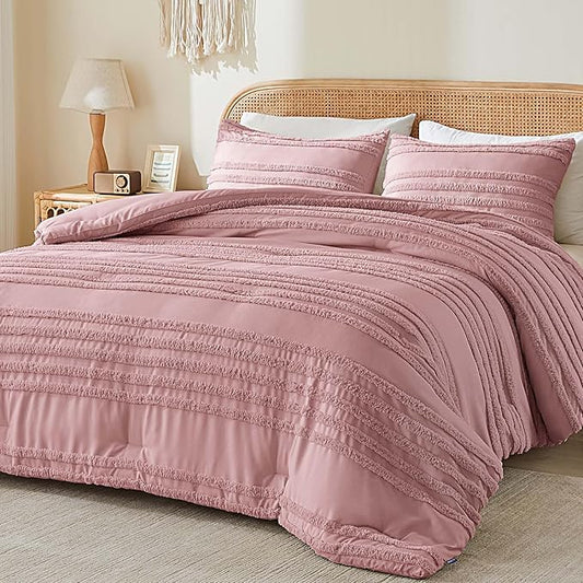 BEDELITE Boho King Size Comforter Set - Dusty Pink Tufted Striped Bed Set 3 Pieces, Soft Vintage Farmhouse Comforter for All Seasons, Boho Home Decor,Fluffy Jacquard Bedding with Pillow Sham