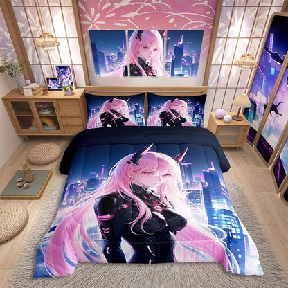 Erosebridal Japanese Anime Comforter Set Twin Size, Anime Girl Bedding Set Kawaii Japanese Style Quilt Cartoon Japan Animation Duvet Insert for Boys Teens Adult Women Bedroom Decor
