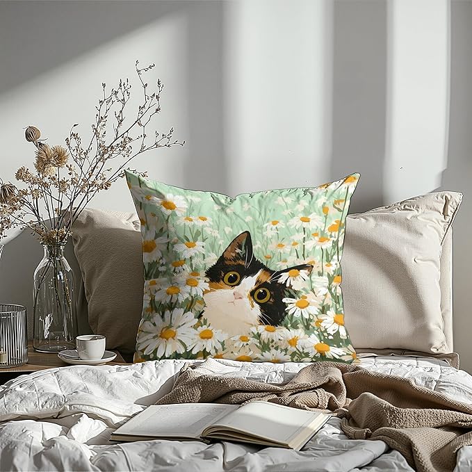 Calico Cat Daisy Throw Pillow Covers 18x18,Gifts for Cat Lovers,Boho Floral Cat Pillowcases, Aesthetic Spring Decor for Dorm Bedroom Office