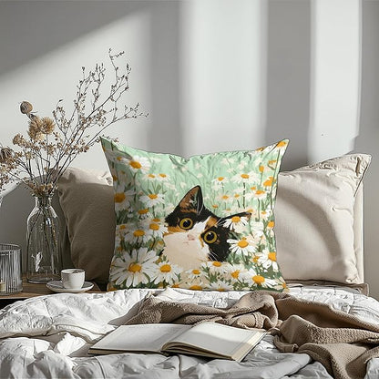 Calico Cat Daisy Throw Pillow Covers 18x18,Gifts for Cat Lovers,Boho Floral Cat Pillowcases, Aesthetic Spring Decor for Dorm Bedroom Office