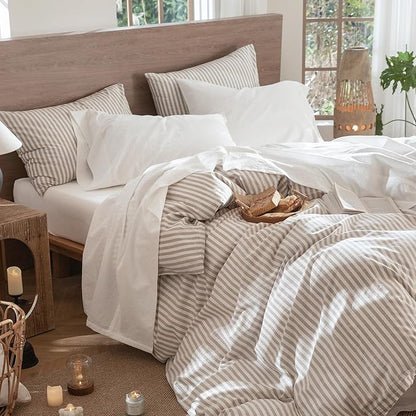 MooMee Bedding Sheet Set 100% Washed Cotton Linen Like Textured Breathable Durable Soft Comfy (Solid Off White, Full)