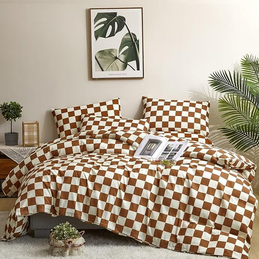 Houseri Brown and White Plaid Comforter Set Full Caramel Brown Grid Bedding Comforter Full Size Teen Boys Checkerboard Comforters Sets Girls Elegant Buffalo Checkered Gingham Full Comforter Comfy Soft