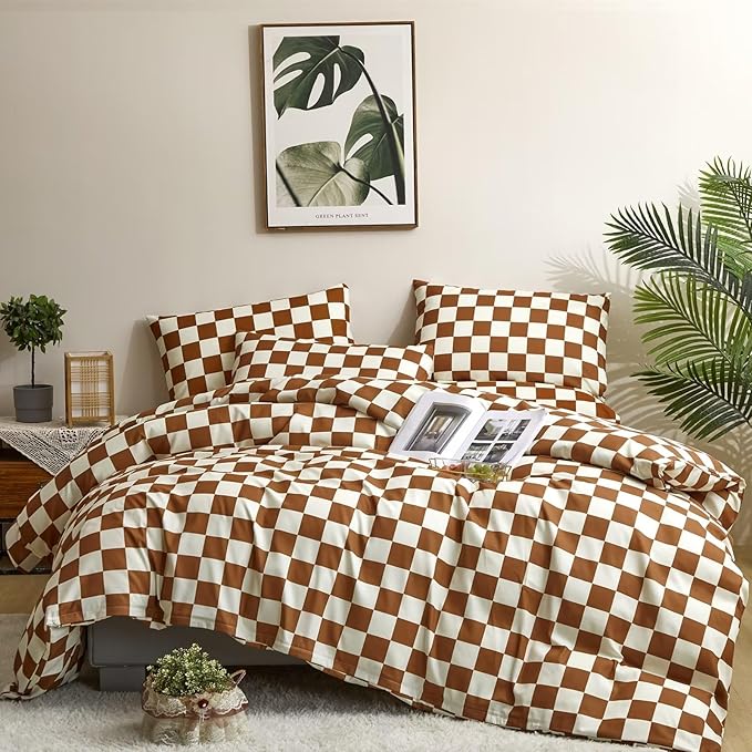 Houseri Plaid Brown and White Comforter Set Cal King - Russet Buffalo Checkered Bedding for California King - Modern Camel Grid Checkerboard Gingham Comforter for Men and Women
